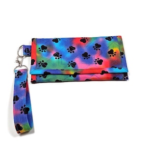 Cartera de muñeca con estampado de patas y teñido anudado, acolchada, para mujer, de tela triple, con bolsillo con cremallera, hecha a mano, regalo para mamá perruna, regalo para mamá gata.