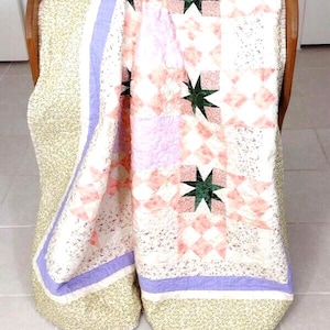 Peach & Green Star Quilt: Handmade Cotton Twin Topper