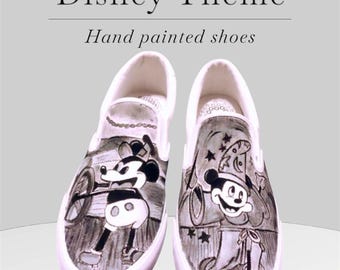 Hand-Painted Mickey Mouse Slip-Ons | Steamboat Willie & Sorcerer's Apprentice