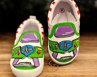 Toy Story Inspired Buzz Lightyear Hand-Painted Kids Sneakers,toy story themed shoes, toddler photoshoot, kids handpainted shoes, toy story