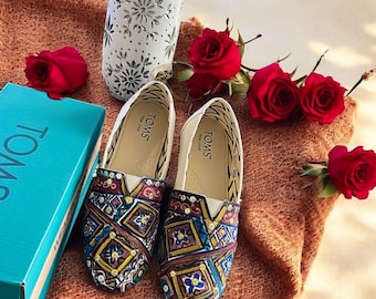 Hand-Painted shoes | Arabic Geometric patterned Boho Shoes | customized hand painted shoes |sequins boho handmade shoes| gift for her