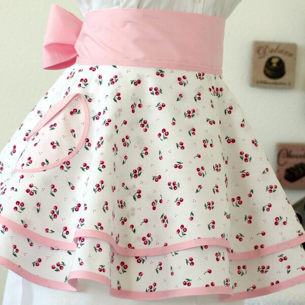 Double PERFECT CIRCLE Hostess Apron in Cherries on White Print with Free Gift Bag
