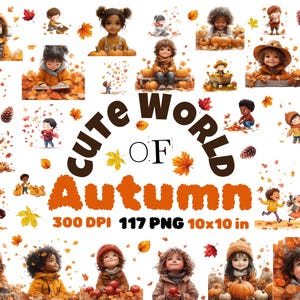 Puede incluir: Un conjunto de 117 ilustraciones digitales con niños de dibujos animados lindos en escenas con temática otoñal. Las ilustraciones son de 300 DPI y 10x10 pulgadas. El texto "Cute World of Autumn" aparece en la imagen.