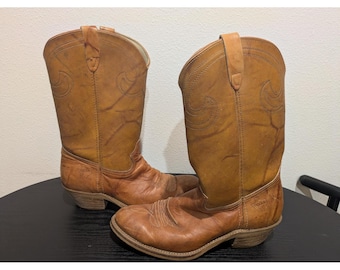Stivali vintage Texas da uomo, taglia 10.5 D, in pelle marrone, stile western cowboy USA 5104, punta arrotondata.
