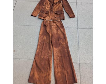 Vintage Hippie Rocker Suit Womens S Brown Tie Dye Studded Western 2 Piece 70s