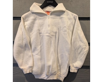 Moletom com capuz vintage Randy infantil tamanho 18-20, branco, em fleece, com zíper 1/4, gola alta, estilo inverno anos 70.