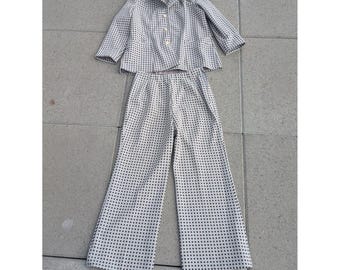 VTG Disco Hippie Suit Womens L Grey Brown Polka Dot Knit Jacket Pants Set 70s