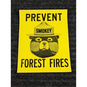 May include: Yellow rectangular sticker with the text "PREVENT FOREST FIRES" in black capital letters. The sticker features a cartoon illustration of Smokey Bear wearing a ranger hat, with the word "SMOKEY" on the hat.