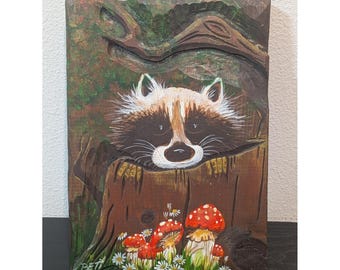 Tabliczka ścienna VTG z grzybami szopowymi, rzeźbiona w drewnie, technika mieszana, sygnowana, sztuka ludowa, 10x7