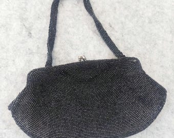 Vintage 1950s/ 1960s Black Beaded Evening Purse Handbag "Made in Belgium Expressly for Woodwards