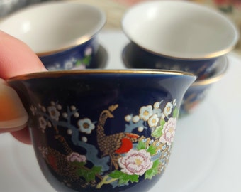 Vintage Japanese Cobalt Sake Tea Cup With Peacock & Flowers Pattern