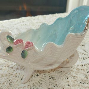 Vintage Blue and White Iridescent Seashell Wheel Barrow Cart Planter Trinket Dish