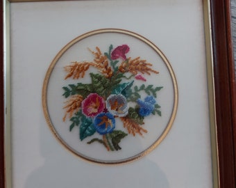 Vintage Petite Point Flowers Picture Frame Stitchery Needlework