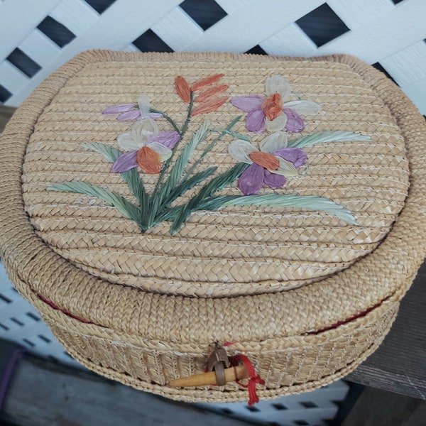 Vintage French Small Wicker Sewing Basket With Floral Decoration on Lid And Red Cotton Interior Sewing Box French Rattan Sewing Box