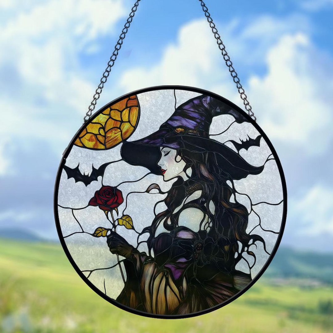 Witch and Roses Stained Glass Suncatcher, Halloween Witch Stained Glass ...