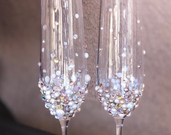 Champagne Flutes For Wedding with Crystals and Pearls in Pastel Shades. Set Of Two Flutes.