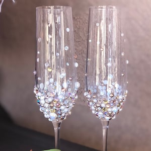 Champagne Flutes For Wedding with Crystals and Pearls in Pastel Shades. Set Of Two Flutes.