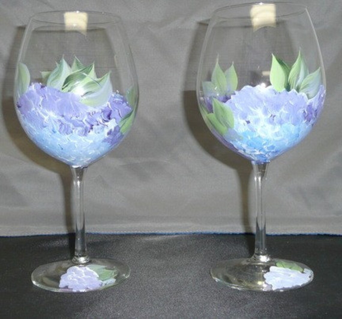 Hand Painted Hydrangea Wine Glasses 21st Birthday Gift Etsy