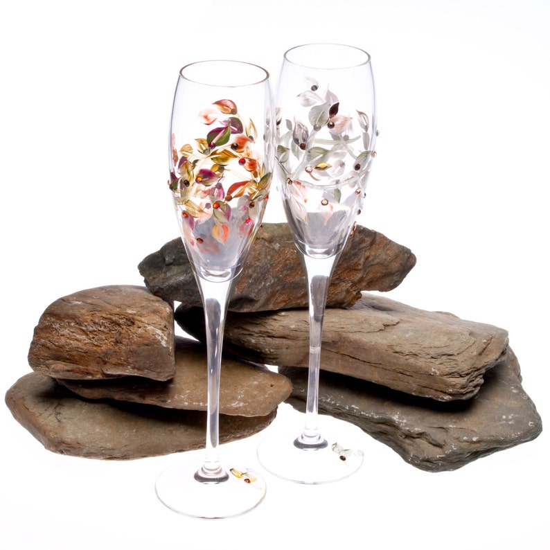 Fall Wedding Champagne Glasses, Handmade, Beautiful Toasting Flutes, for Wedding Couple Gift, Engagement Gift, or Anniversary Gift image 4