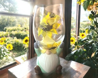 Handmade, Hand Painted Gnome Wine Glass, Water Glass, Flower Bud Vase, All Purpose Glass with Sunflowers and Banana Hat Set of 1