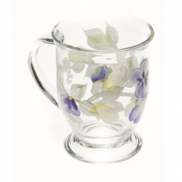 Hand Painted Glass Mug Purple Floral Design with Yellow Rose Buds  Set of 1