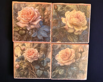 Rose Tile Drink Coasters with Cork Backing, Summer Home Decor, Barware, Gift For Her, Housewarming Gift