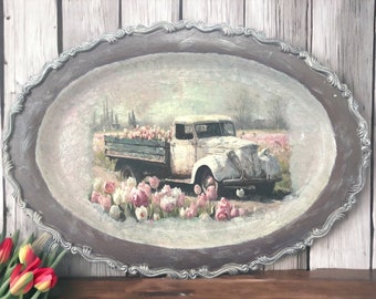 Silver plated Serving Tray Hand Painted, Decoupage with Truck and Tulips, Home Decor, Table Centerpiece, Collectible