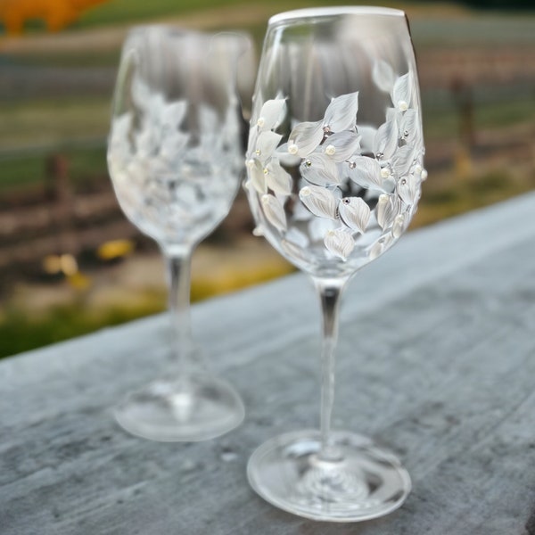 Wine Glasses Hand Painted with Swarovski Crystals and Pearls