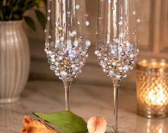 Handmade Crystal & Pearl Champagne Flutes, Pastel Wedding Set