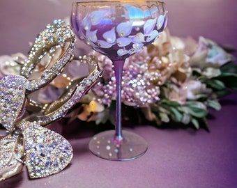 Light Purple Crystal Saucer Champagne Glasses, Hand Painted with Crystals and Pearls, Wedding Couple Gift, Celebration Gift,  Set of 2