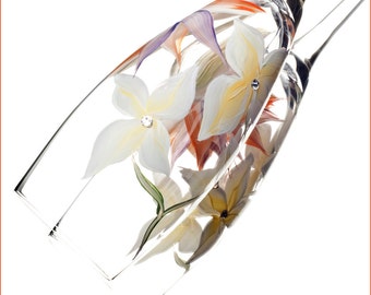 Tropical Champagne Glasses For Toasting, Painted with Bird of Paradise and Plumeria Flowers Set of 2