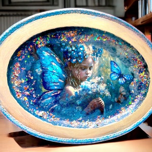 Shabby Chic Decoupage Decorated Fairy Silver Serving Tray Handmade
