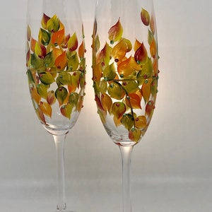 Fall Wedding Champagne Glasses, Handmade, Beautiful Toasting Flutes, for Wedding Couple Gift, Engagement Gift, or Anniversary Gift image 2