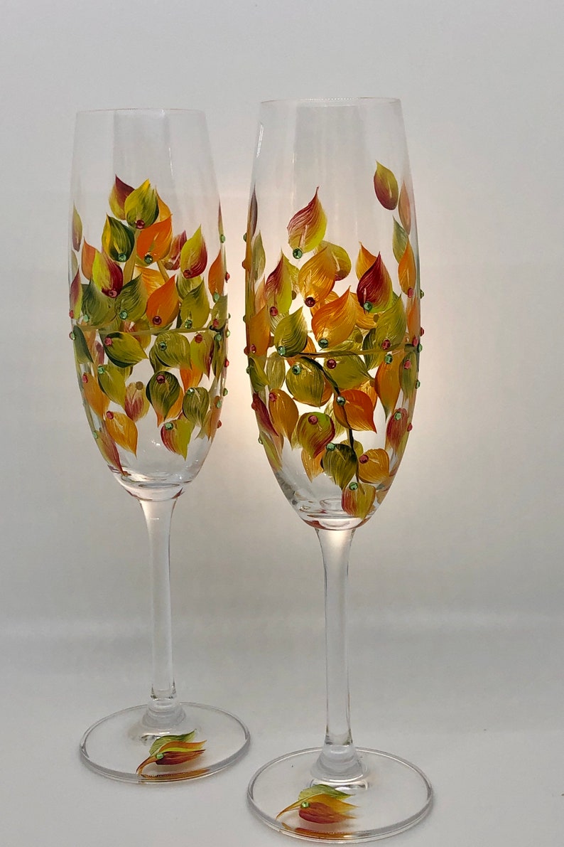 Fall Wedding Champagne Glasses, Handmade, Beautiful Toasting Flutes, for Wedding Couple Gift, Engagement Gift, or Anniversary Gift image 2