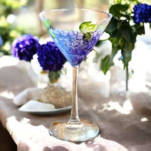 Hand Painted Blue Hydrangea Martini Glass , Cocktail Glass, Barware, Gift For Wedding Couple Set of 1
