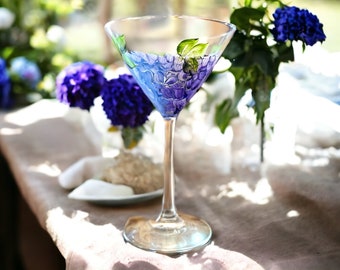 Hand Painted Blue Hydrangea Martini Glass , Cocktail Glass, Barware, Gift For Wedding Couple Set of 1