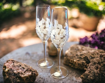 Crystal Hand Painted Champagne Flutes -  Champagne Glasses with Swarovski Crystals and Pearls - Personalized Gift Set of 2