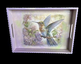 Hummingbird Decorative Wood Tray For Coffee Table or Dresser Table, Lavender with Lace Trim, Spring Home Decor