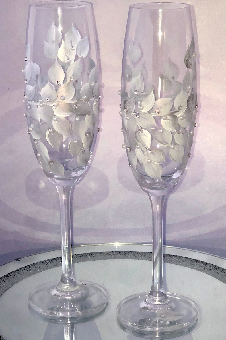 Champagne Glasses, Wedding Couple Gift, 25th Anniversary Gift, Hand Painted with Swarovski Crystals and Pearls For Toasting Set of 2 image 2