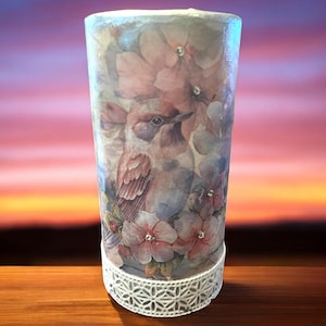 Spring Bird Flameless Candle in Shades of Blue and Lavender, Home Decor with Batteries