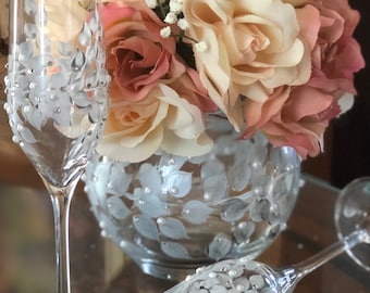 Champagne Glasses with Matching Round Vase Hand Painted with Swarovski Crystals and Pearls Decorated for Wedding, 25th Anniversary