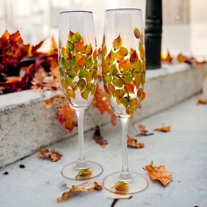 Fall Wedding Champagne Glasses, Handmade, Beautiful Toasting Flutes, for Wedding Couple Gift, Engagement Gift, or Anniversary Gift image 1