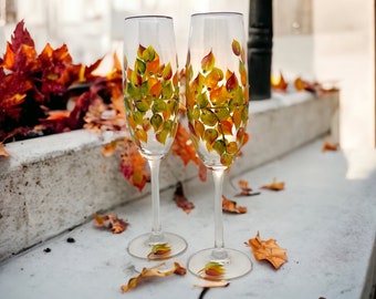 Fall Wedding Champagne Glasses, Handmade, Beautiful Toasting Flutes, for Wedding Couple Gift, Engagement Gift, or Anniversary Gift