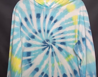 T-shirt leggera con cappuccio tie-dye XL, t-shirt con cappuccio a manica lunga, pullover tie-dye, felpa leggera con cappuccio a spirale blu, t-shirt con cappuccio tie-dye