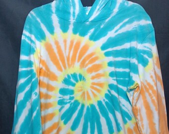 Large Tie Dye Lightweight Hooded T-Shirt, tie dye pullover, long sleeve hooded t shirt, large lightweight hoodie, bright spiral hoodie