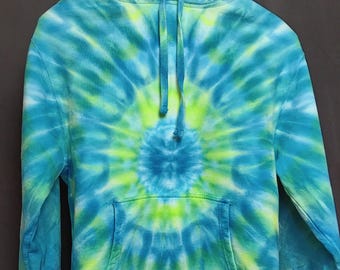 Tie Dye Small Adult Hoodie, men's tie dye hoodie, women's tie dye hoodie, tie dyed hooded sweatshirt, blue and green tie dye hoodie
