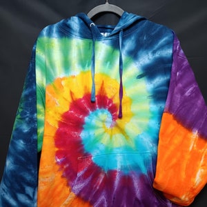 Rainbow Tie Dye Hoodie Size Large, men&#39;s tie dye hoodie, women&#39;s tie dye hoodie, rainbow spiral tie dye, rainbow hooded sweatshirt