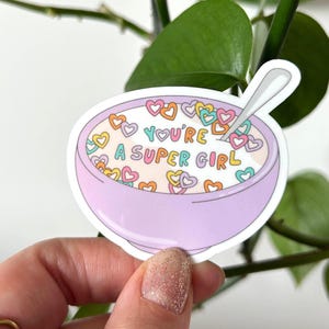 Bonita pegatina de cereales: Eres una súper chica | Pegatina de corazón con mensaje "Girl Power" en colores pastel