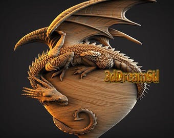 Dragon on the heart STL model, CNC router engraver, artcam, aspire, cnc files, wood, art, wall decor, CNC