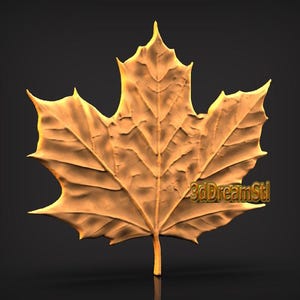 May include: A detailed, golden-brown maple leaf with prominent veins and a textured surface. The leaf is set against a dark background, with the text "3dDreamStl" visible on the lower right side.
